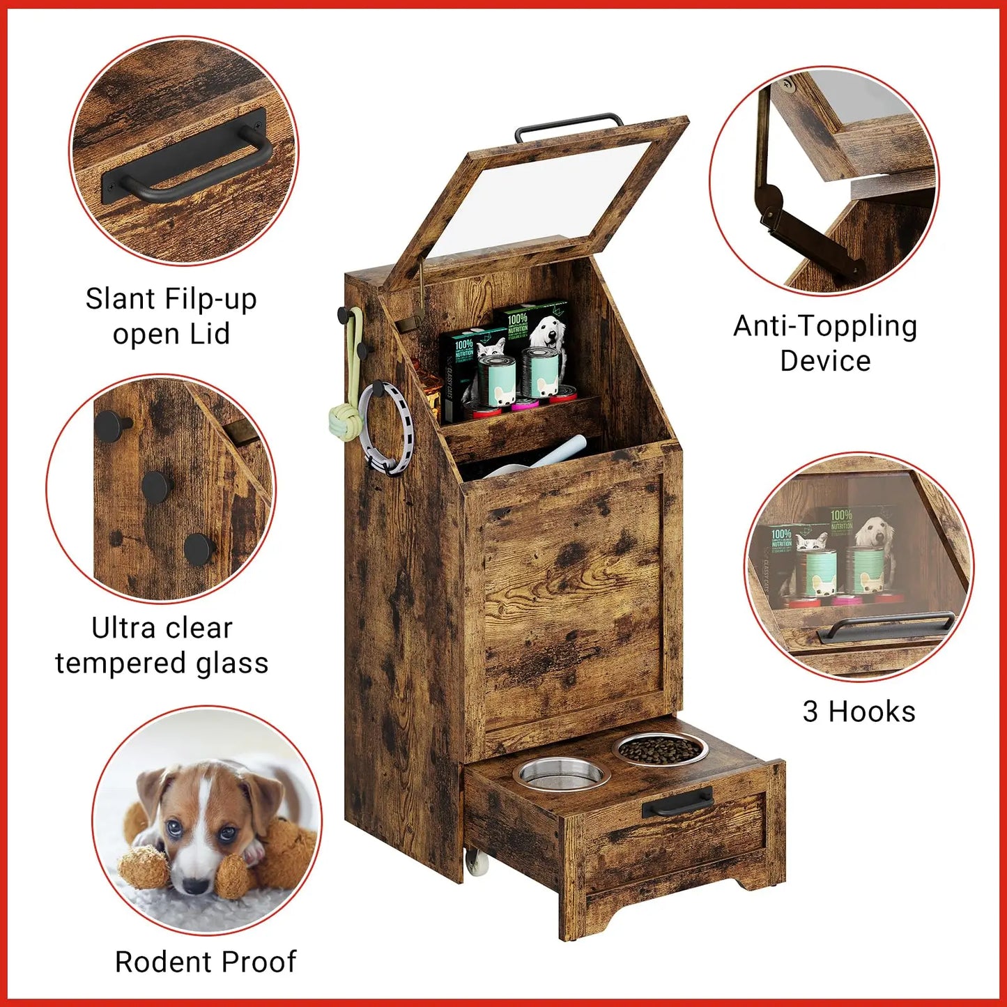 Large Dog Food Storage Cabinet with Flip Top - Pet Feeding Station & Organizer w/Transparent Lid, Side Hooks for Leashes - Multi