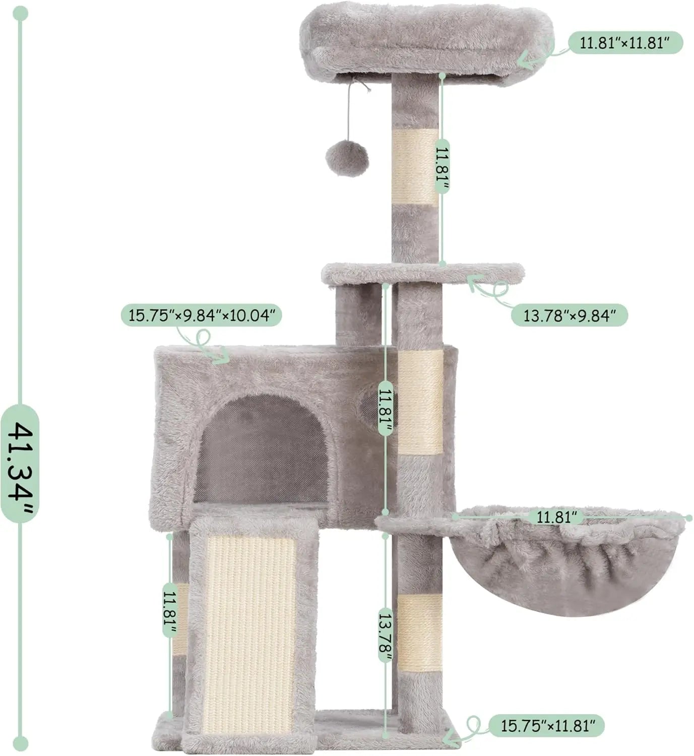 Cat Tree 41.3' Multi-Level Condo with Scratching Posts, Perches, Hammock & Balls - Light Gray