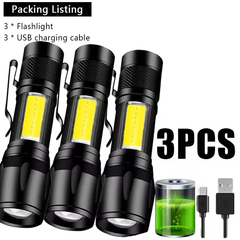 Portable Zoomable LED Flashlight Usb Rechargeable Mini Torch Lantern Emergency Outdoor Camping Flashlights Flash Light Cob Light