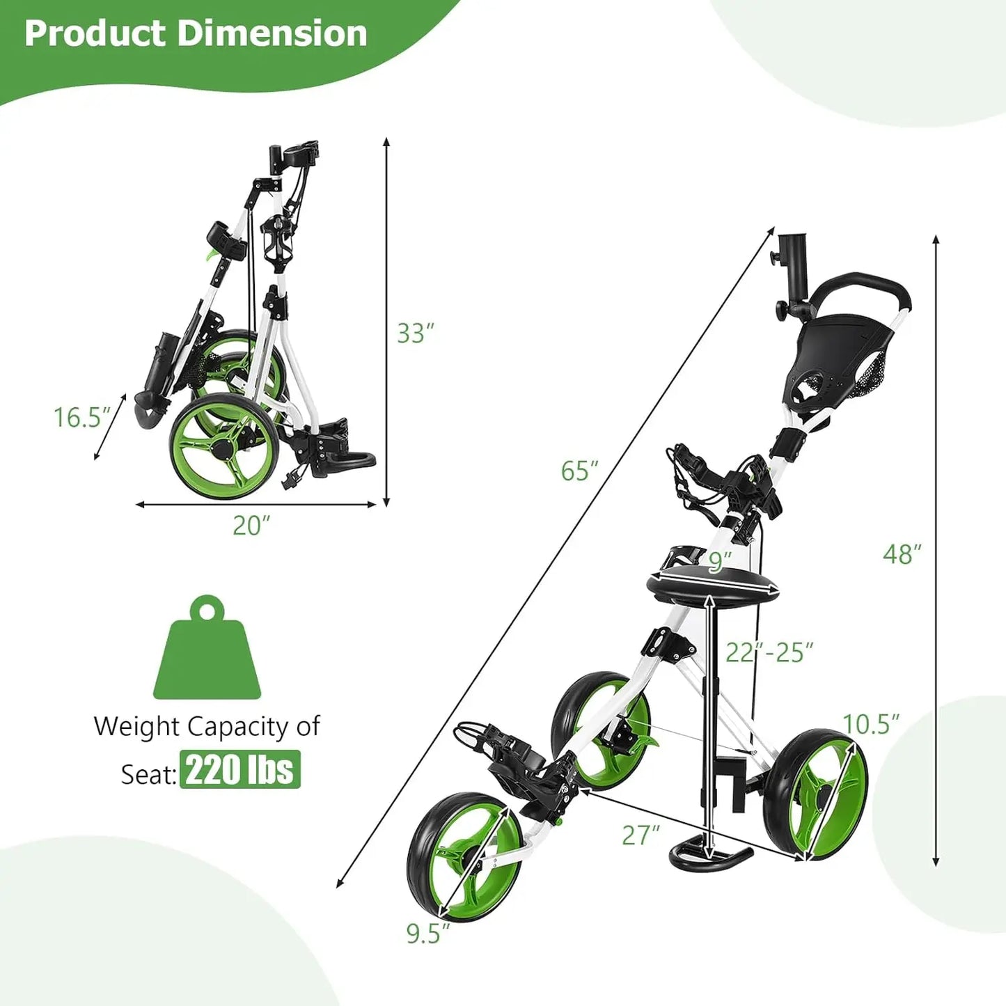 Golf Push Cart with Seat, Lightweight Folding 3 Wheels Golf Pull Cart Golf Trolley with Scoreboard Bag Foot Brake Cup & Umbrella