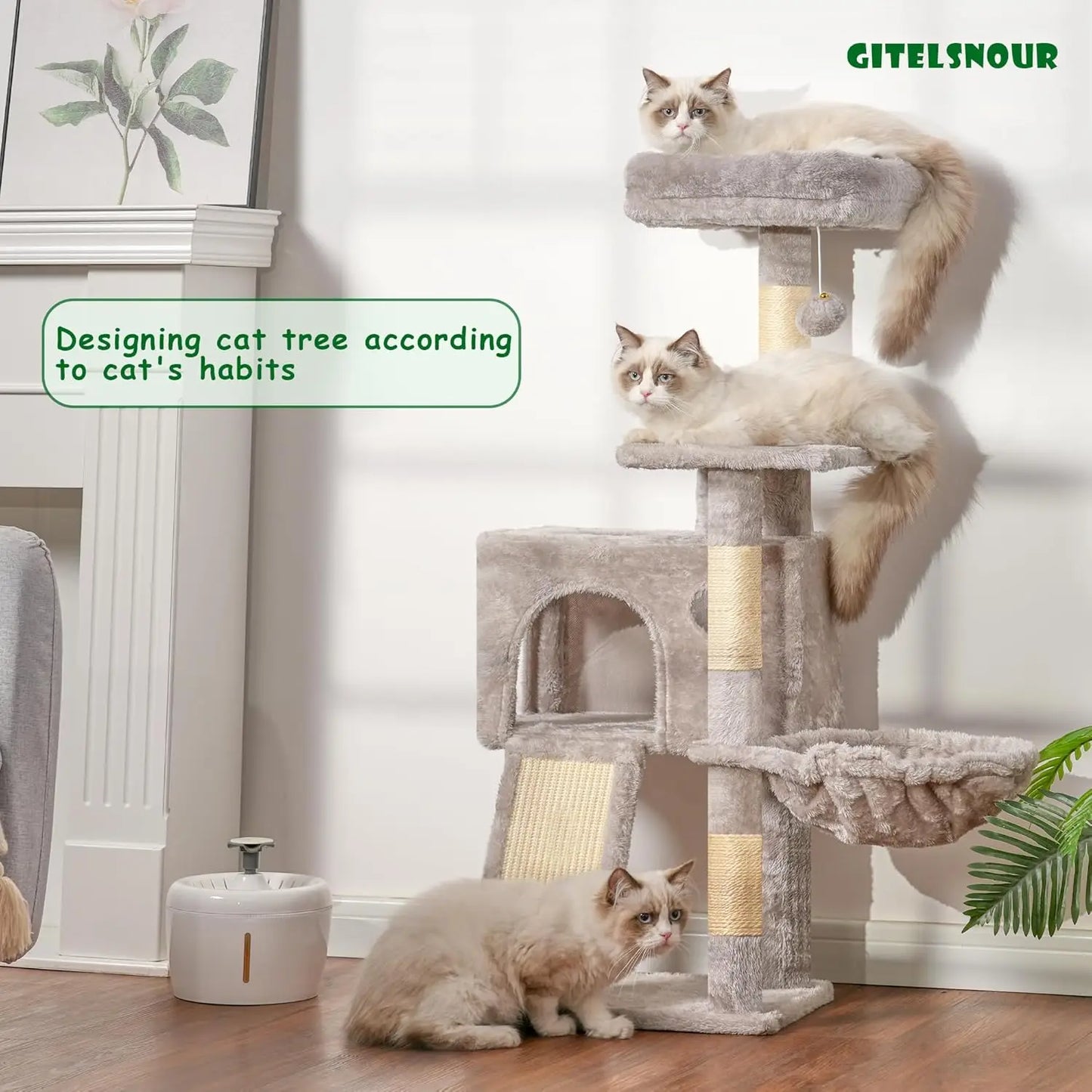 Cat Tree 41.3' Multi-Level Condo with Scratching Posts, Perches, Hammock & Balls - Light Gray