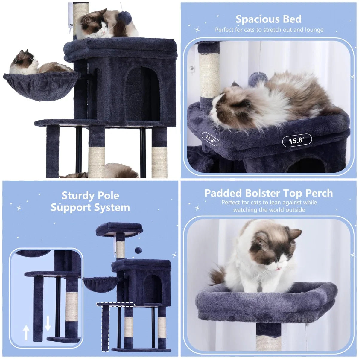 Cat Tree Tower, Scratching Post with Cozy Condo, Padded Bed, Hammock, Plush Perch, Sisal Post & Ball, 44.9', Smoky Gray MPJ009SG