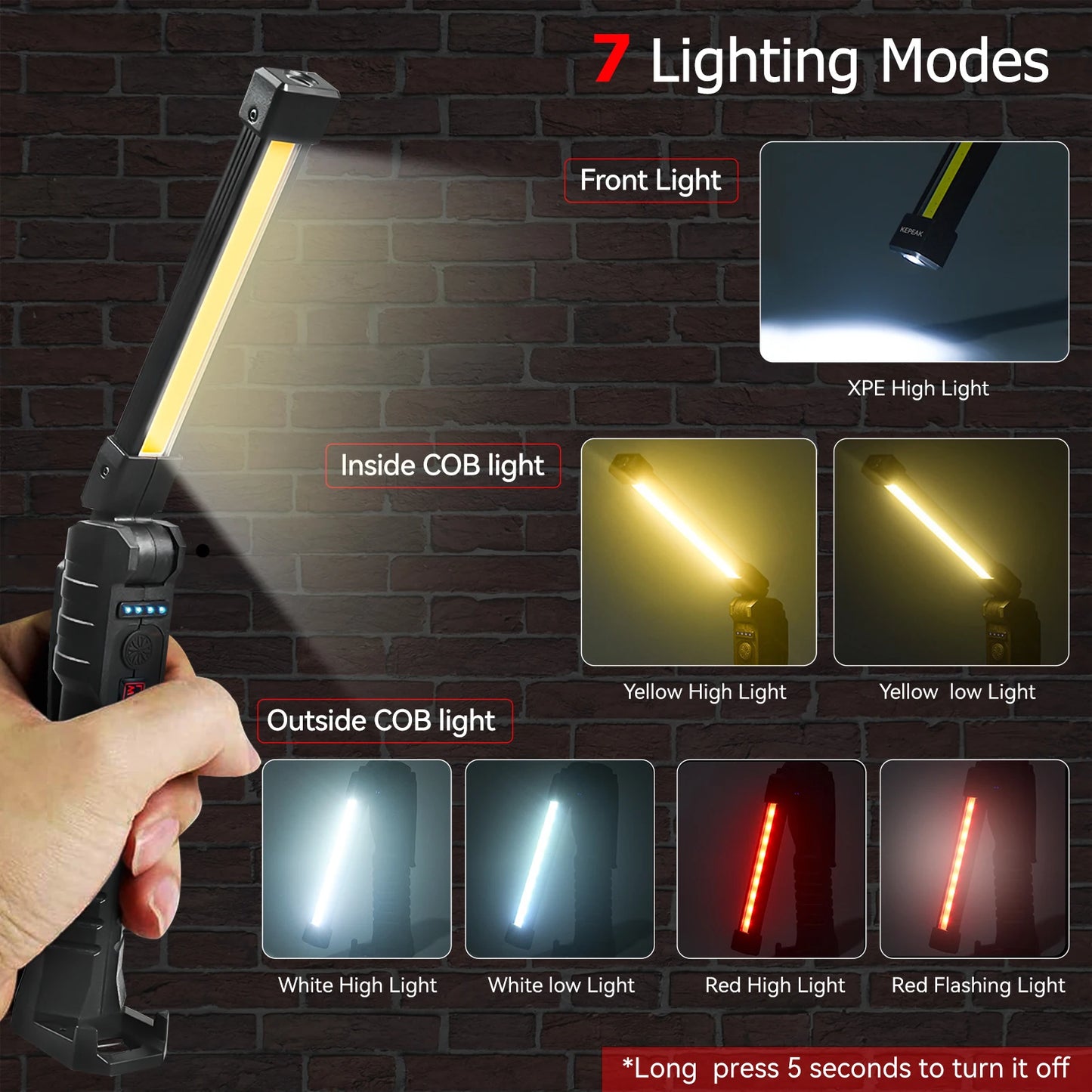 2PCS Rechargeable Camping LED Work Light COB Flashlight With Magnetic Lanterna Hanging Lamp Built-in Battery 7 Lighting Modes