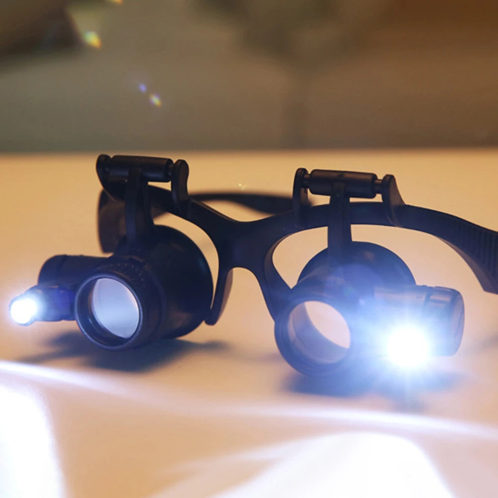 Professional Magnifier with Two LED Lights 10X/15X/20X/25X Double Eye Glasses Type Watch Repair Jeweler Inspect Tool