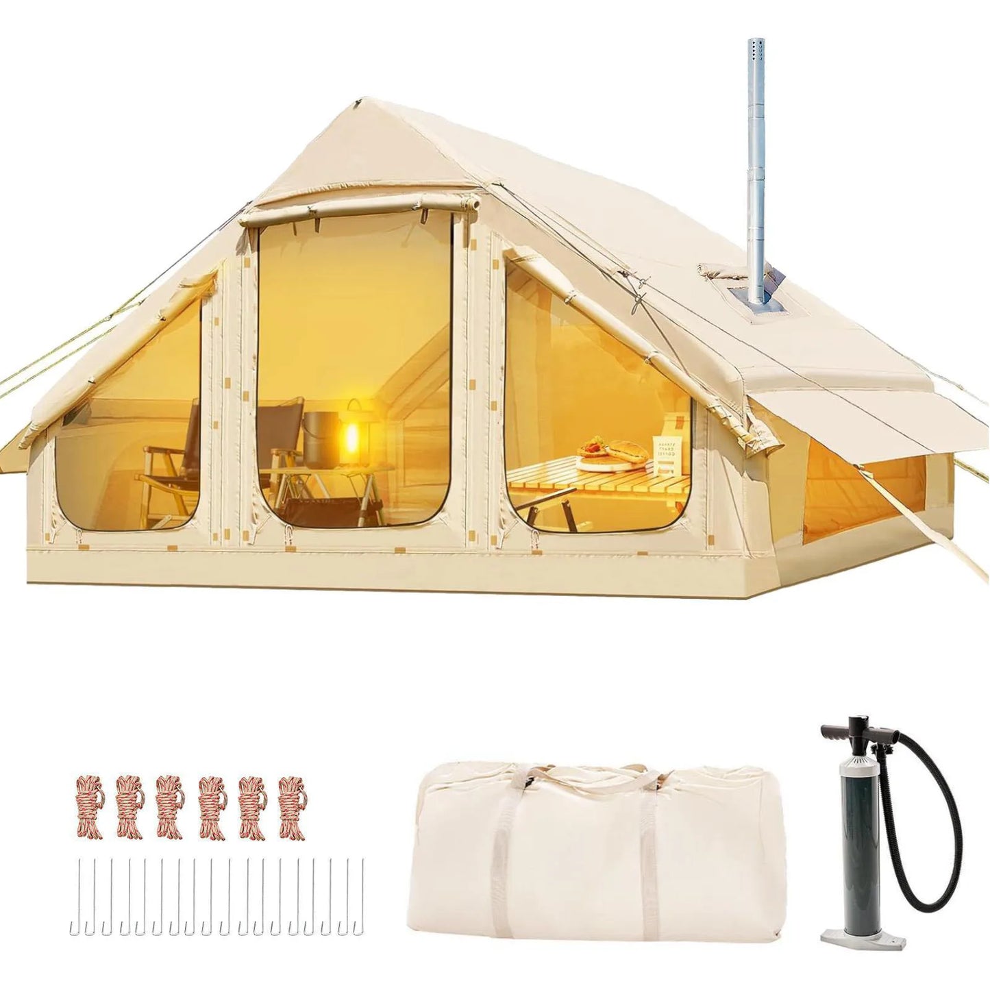 Inflatable tent camping for 1-6 people, hand pump inflation large tent, with skylight and chimney waterproof oxford cloth all