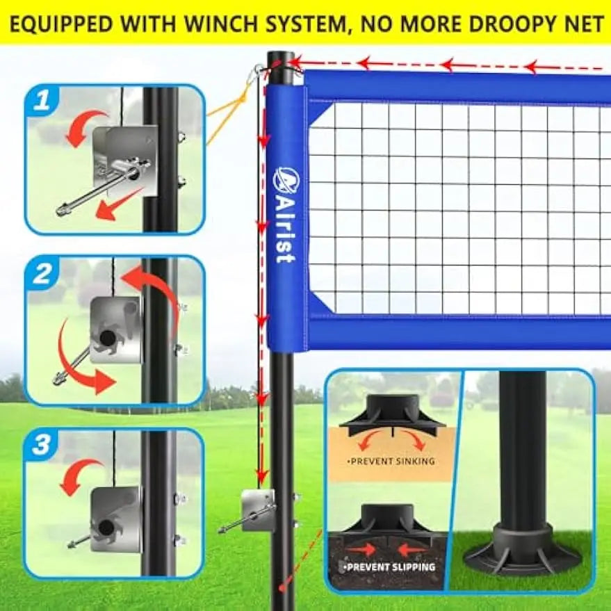 Professional Volleyball Net Set with Steel Anti-Sag System, Adjustable Aluminum Poles for Backyard and Beach