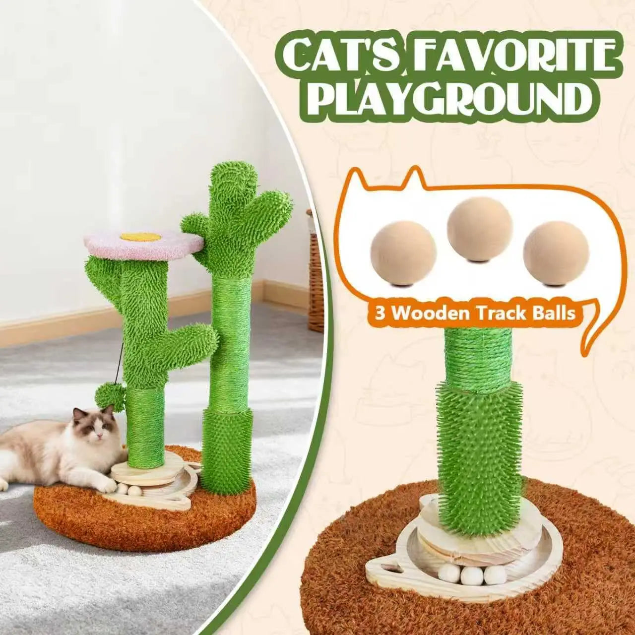 2025 New DIY Cactus Cat Scratching Post with Brush & Ball Toy | Modular Sisal Scratcher for Indoor Cats