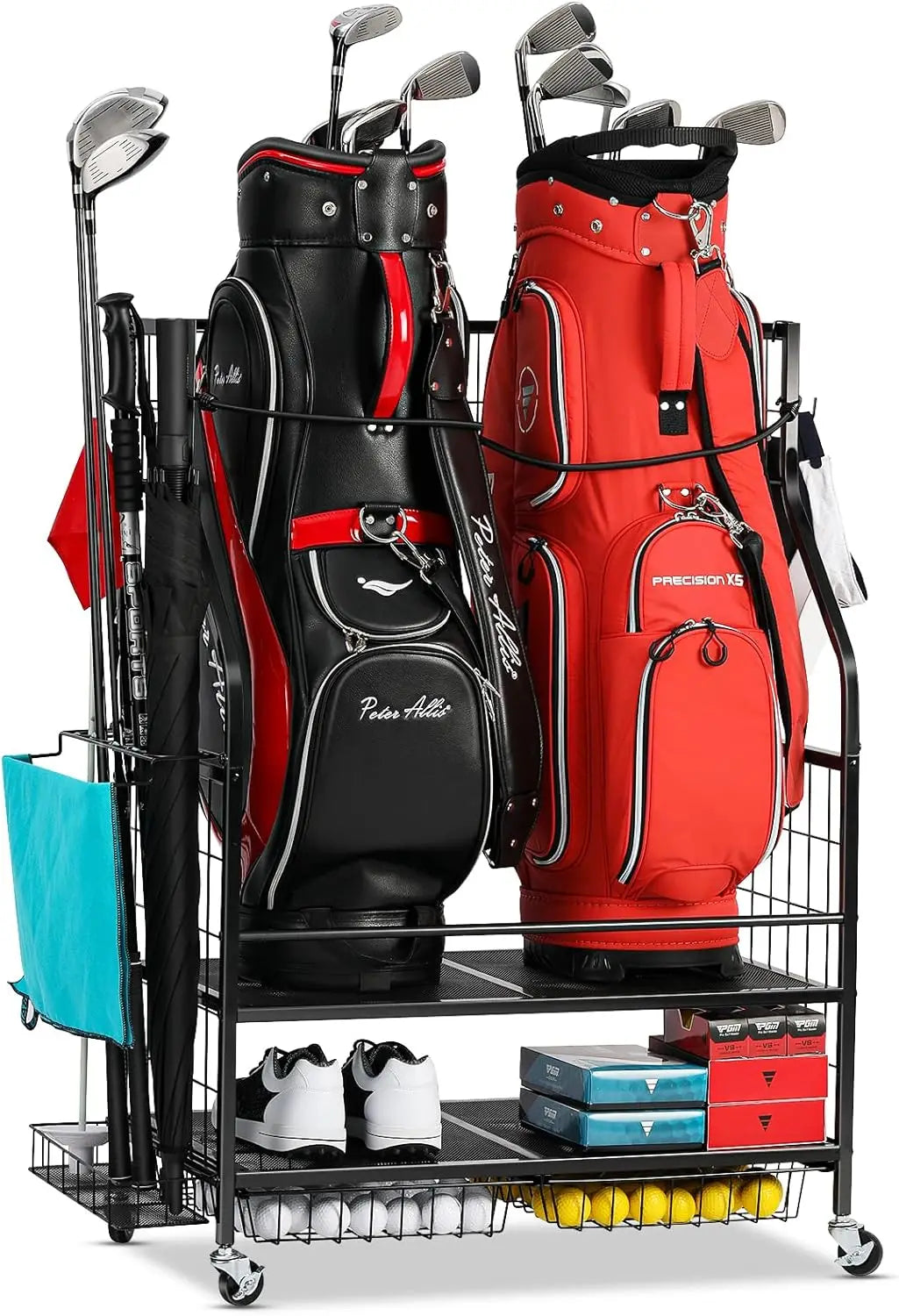 Golf Bag Storage Garage Organizer for 2 Bag, Extra Clubs, Balls, Shoes, for Garage, Club, Shed