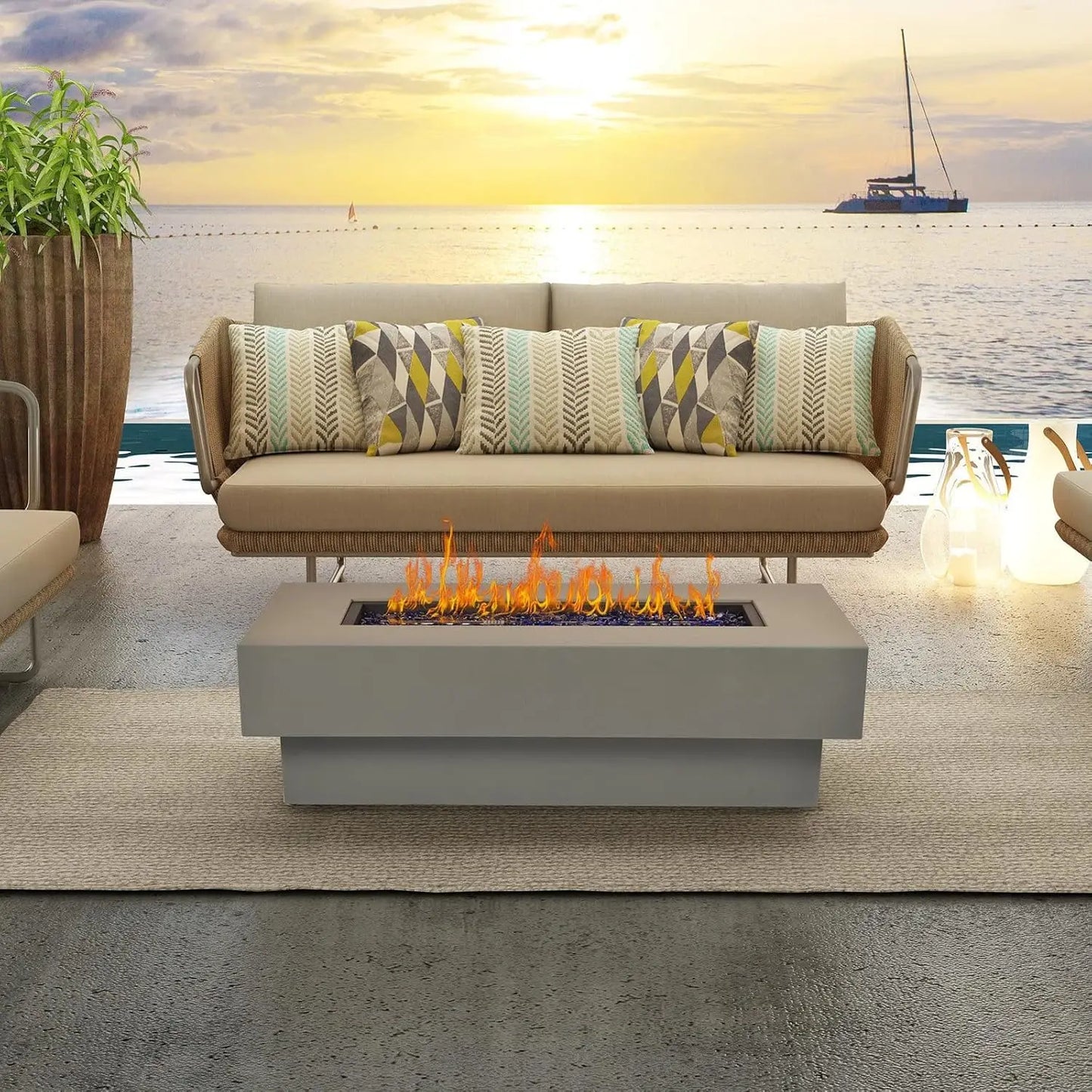 Outdoor Low Profile Fire Table, 48-inch Rectangle Propane Gas Fire Pit Table, 50,000 BTU Modern Firepit w/Lid, Glass Rocks, Cove