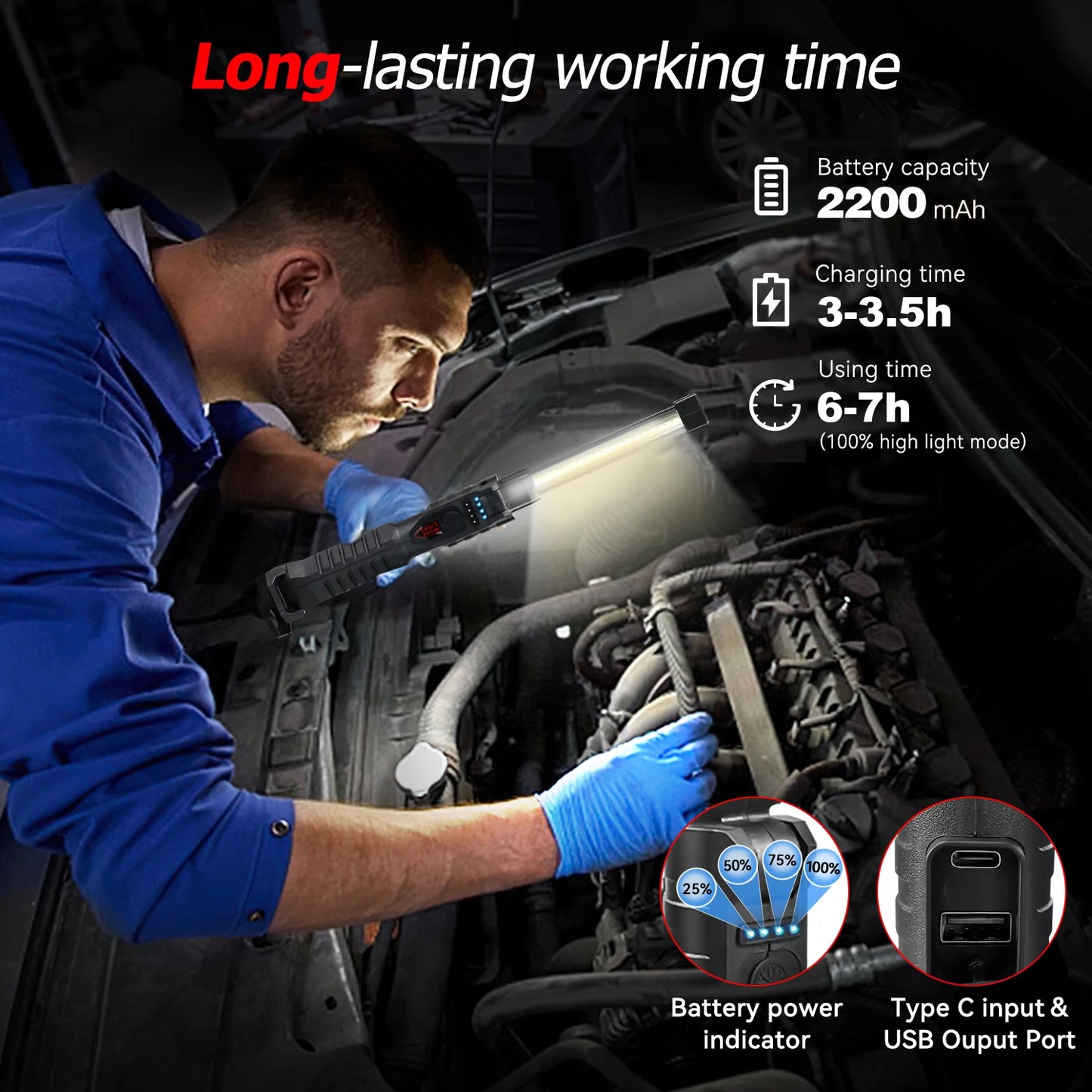 2PCS Rechargeable Camping LED Work Light COB Flashlight With Magnetic Lanterna Hanging Lamp Built-in Battery 7 Lighting Modes