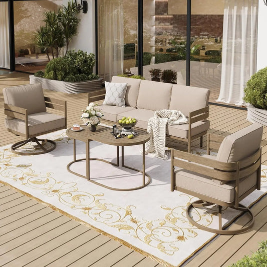Metal Frame Patio Furniture Set, Wood-Like Modern Outdoor Patio Furniture Set with Cushion, Patio Seating Set with, Customized
