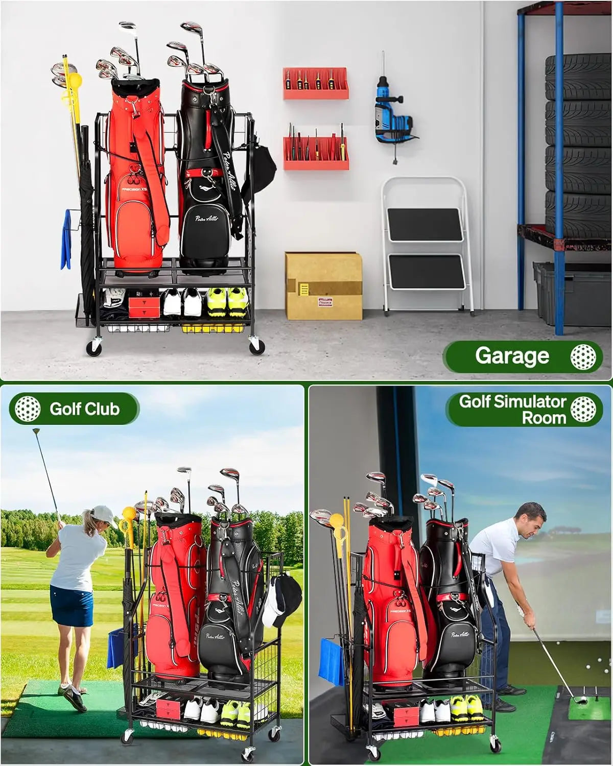 Golf Bag Storage Garage Organizer for 2 Bag, Extra Clubs, Balls, Shoes, for Garage, Club, Shed