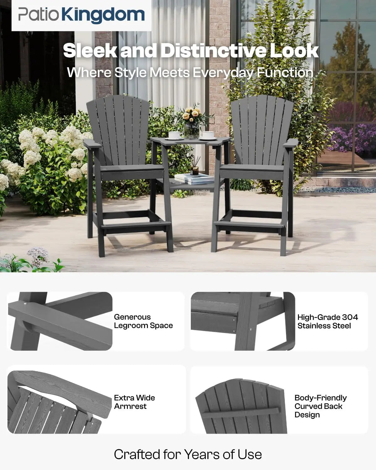 Grey HDPE Tall Adirondack Chair Set of 2 with Beige 11FT Cantilever Umbrella, All-Weather Outdoor Bar Height Chairs, Customized