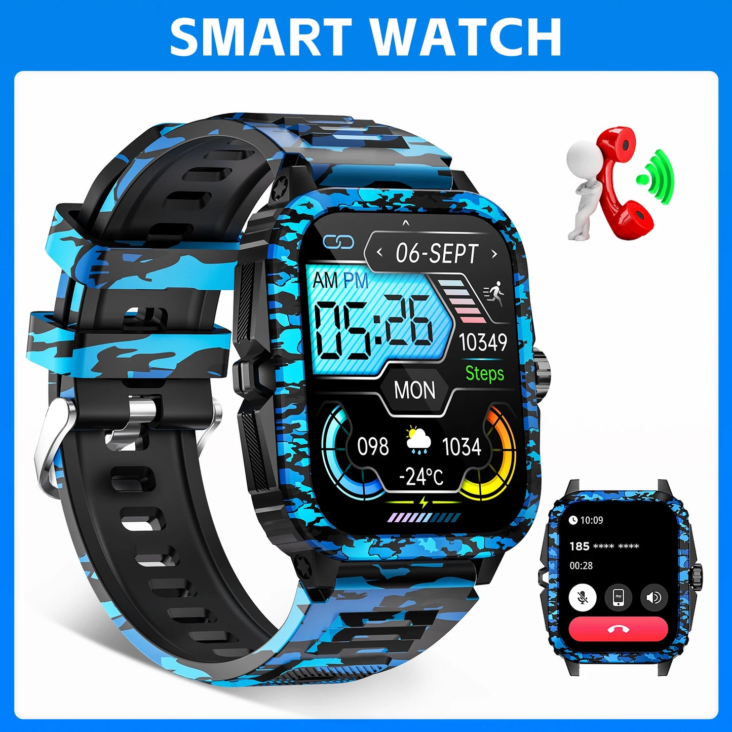 LaNikar Smart Watch 3ATM Waterproof Men 1.96" KT71 Fitness Tracker Heart Rate Bluetooth Call Camouflage Color Original Design