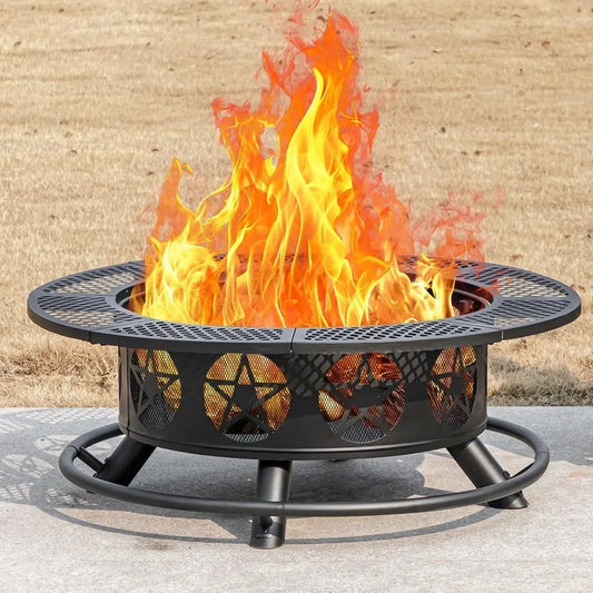 42 Inch Fire Pit with 2 Grills, for Outside with Lid & Poker, Heavy Duty Firepit,BBQ& Outdoor Fire Pit