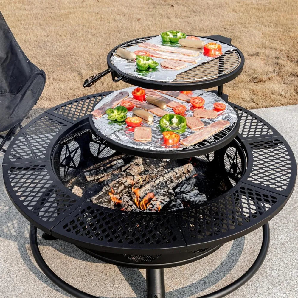 42 Inch Fire Pit with 2 Grills, for Outside with Lid & Poker, Heavy Duty Firepit,BBQ& Outdoor Fire Pit