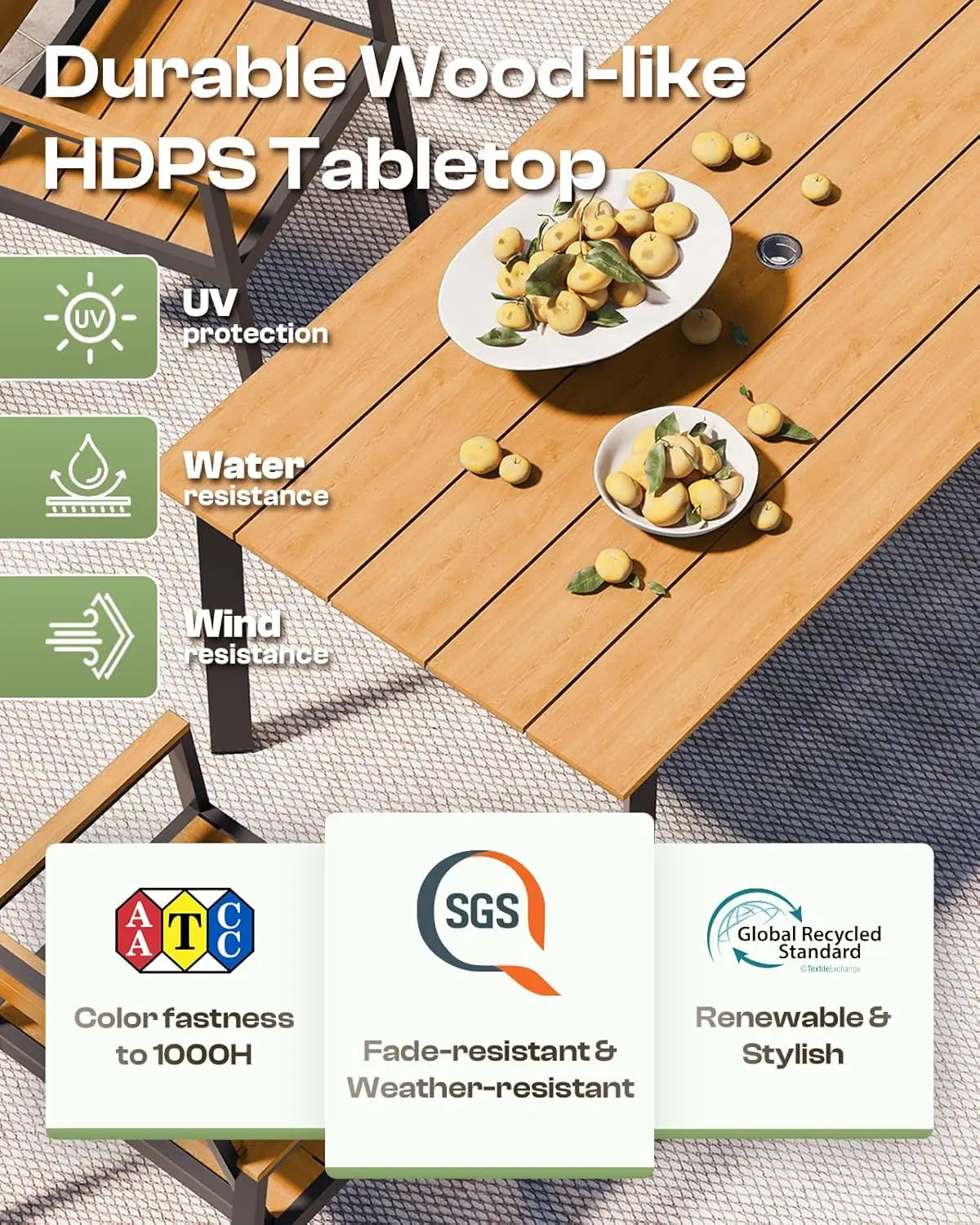 Outdoor Dining Set for 6, Patio Table and Chairs Set with Umbrella Hole, 7 Pieces HDPS Outdoor Furniture Sets for Patio, Garden