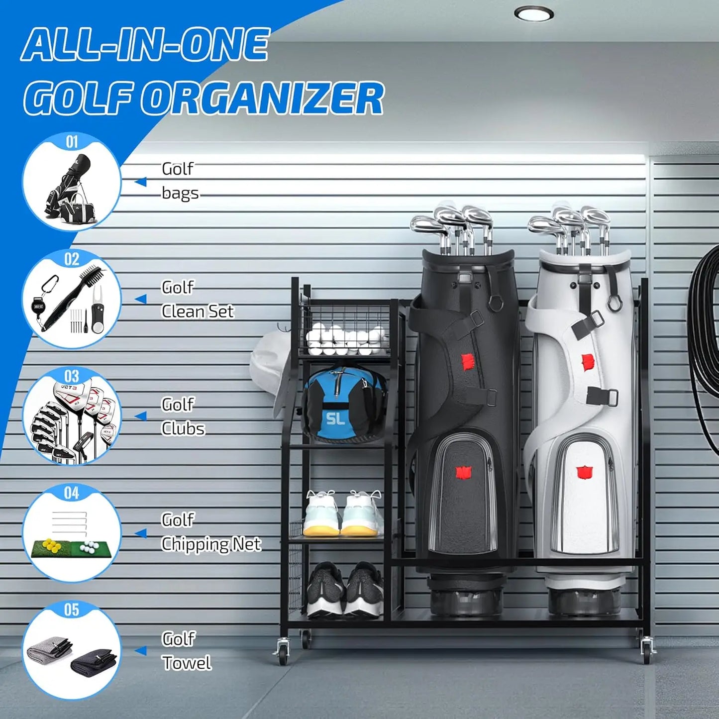 Golf Bag Storage Garage Organizer, Extra Large Size Golf Bag Storage Stand and Golf Equipment Rack for Garage,Shed, Basement