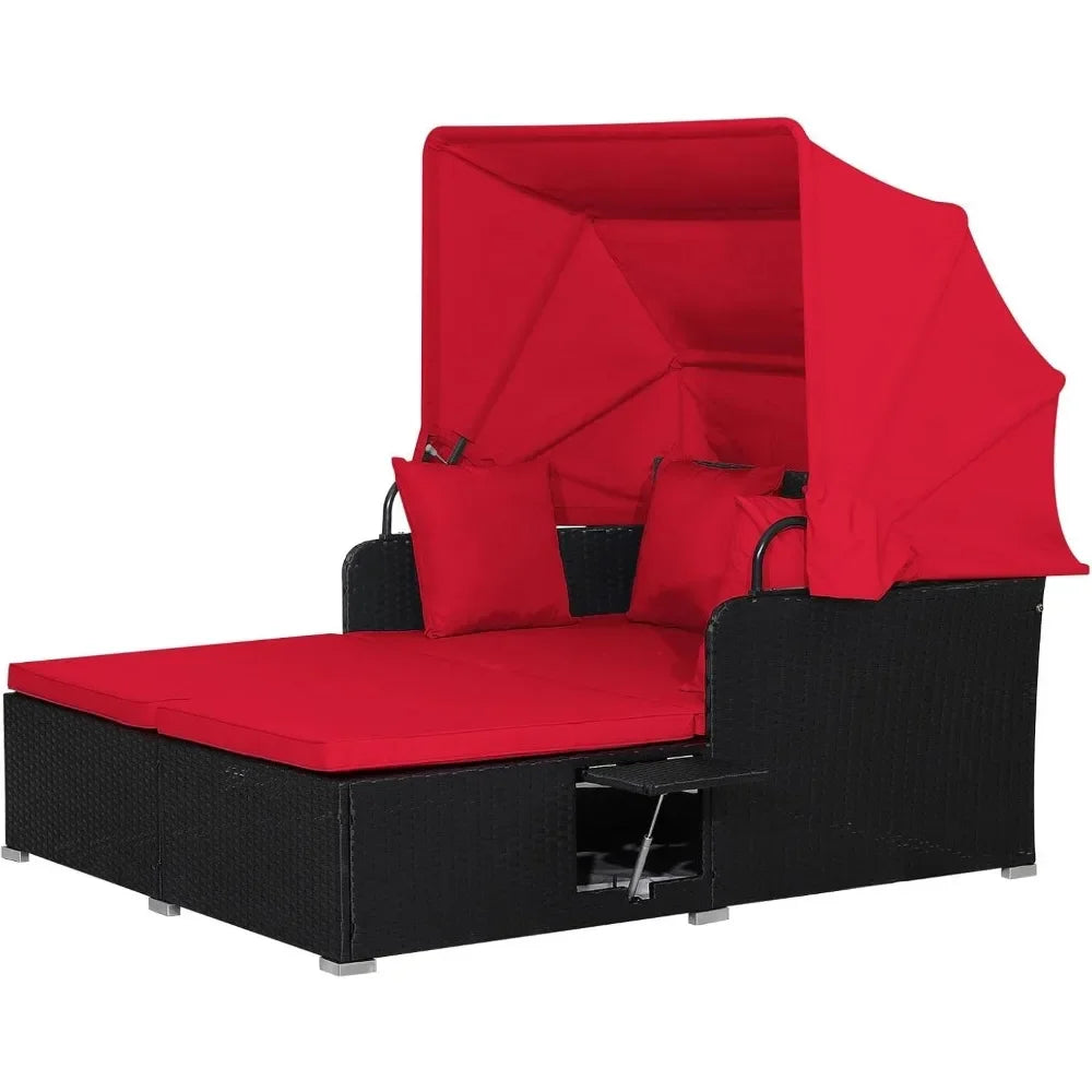 Outdoor Daybed with Retractable Canopy, Wicker Cabana with 2 Side Tables & Soft Cushions, Patio Sectional Furniture Set