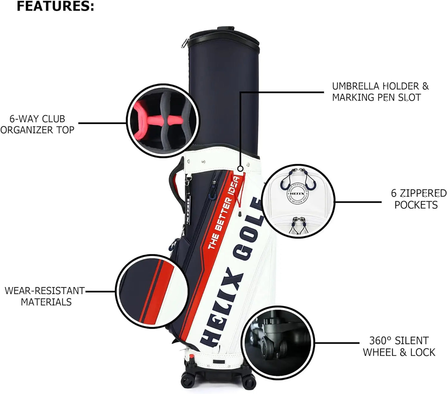 HELIX Golf Bag with Wheels for Men and Women Golf Cart Bag with Hard Retractable Cover for Protecting Clubs During Travel