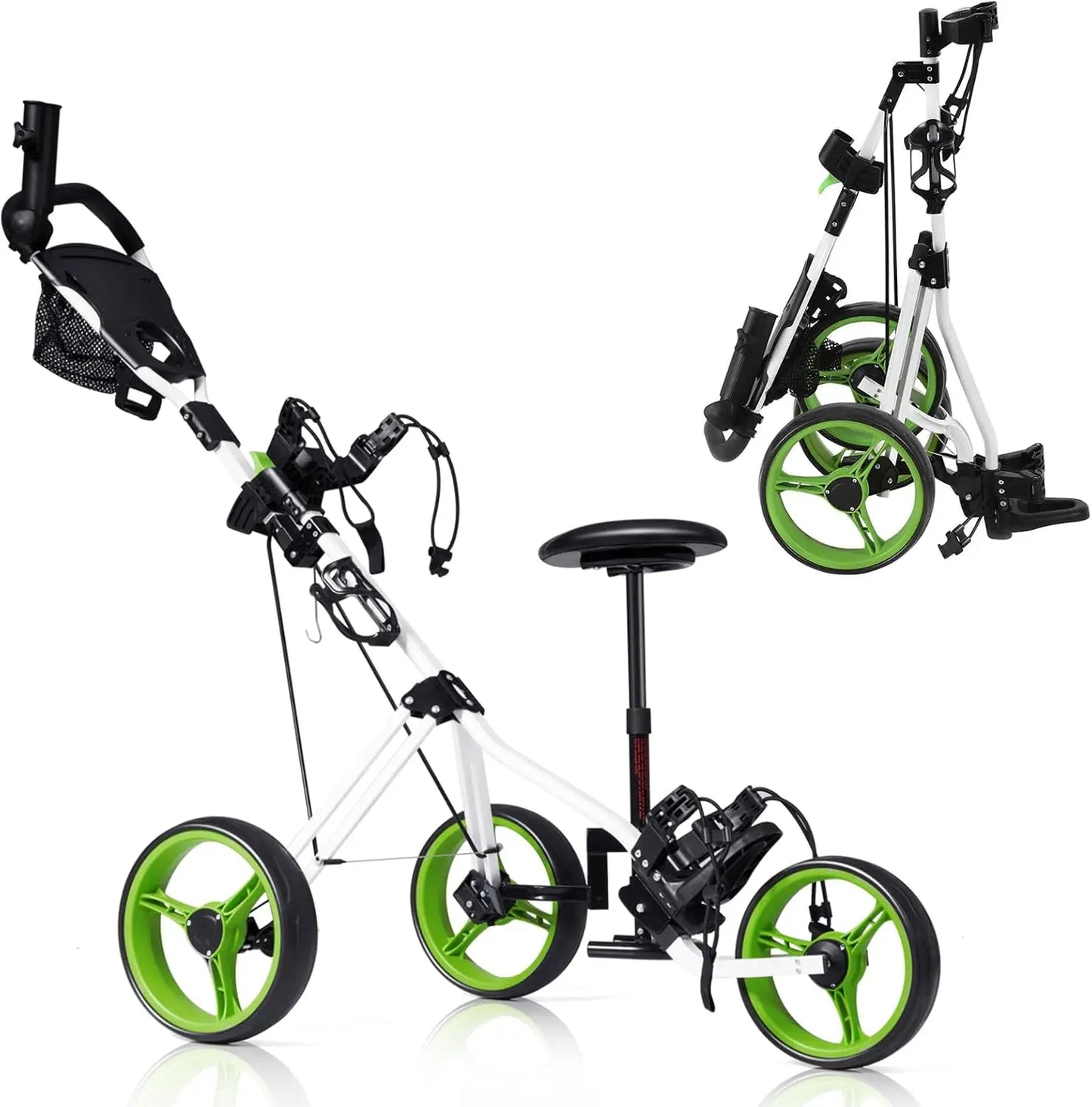 Golf Push Cart with Seat, Lightweight Folding 3 Wheels Golf Pull Cart Golf Trolley with Scoreboard Bag Foot Brake Cup & Umbrella