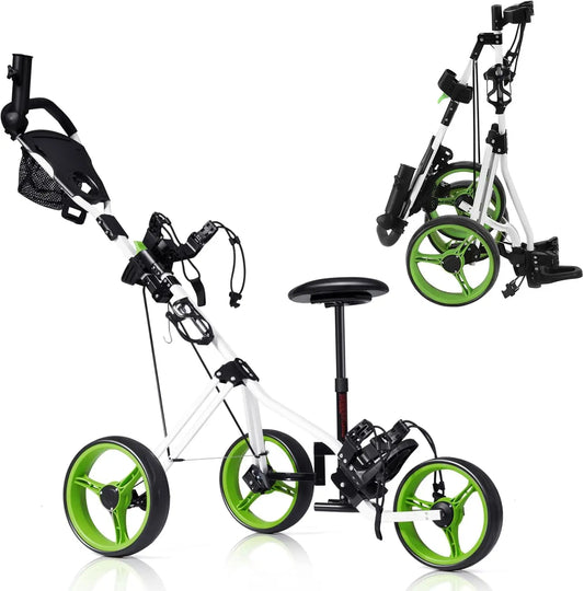Golf Push Cart with Seat, Lightweight Folding 3 Wheels Golf Pull Cart Golf Trolley with Scoreboard Bag Foot Brake Cup & Umbrella
