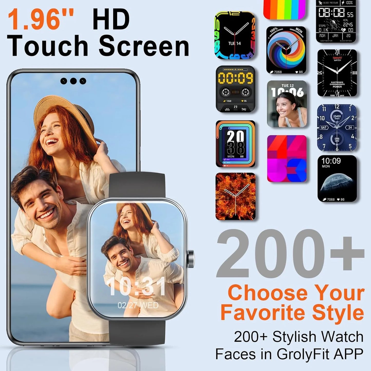 Smart Watch(Answer/Make Calls), 1.96" Smartwatches, Fitness Tracker, Sleep Monitor, Pedometer, 100+ Sport Modes, IP68 Waterproof