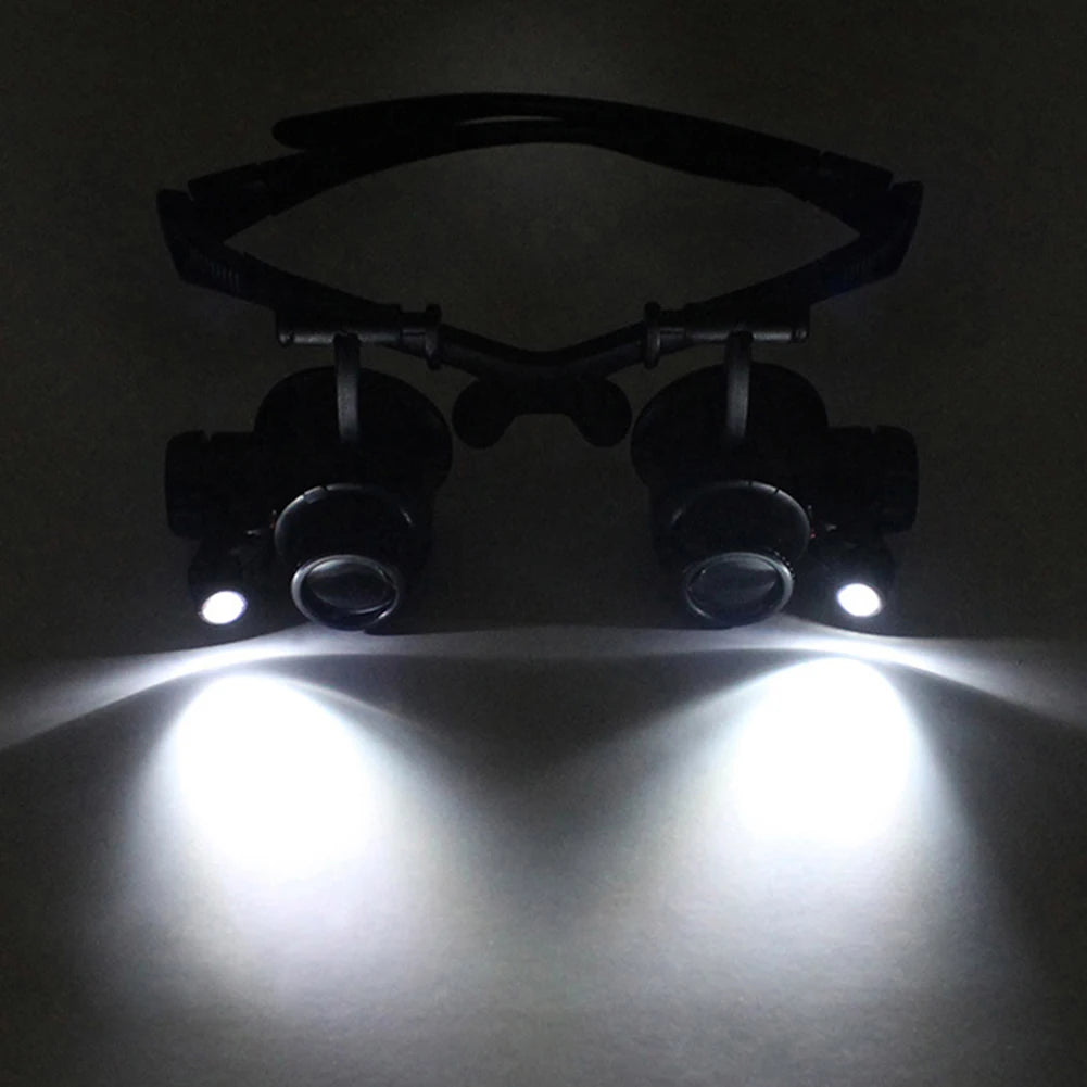 Professional Magnifier with Two LED Lights 10X/15X/20X/25X Double Eye Glasses Type Watch Repair Jeweler Inspect Tool