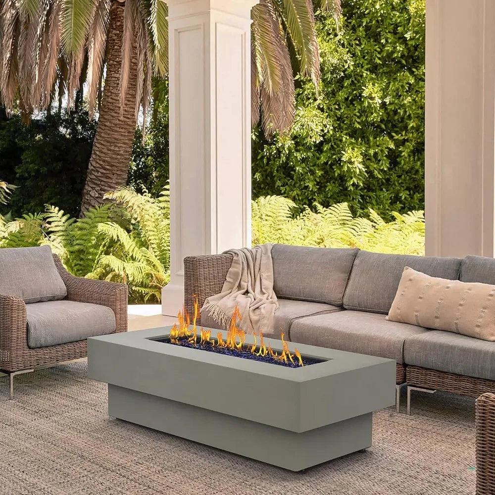 Outdoor Low Profile Fire Table, 48-inch Rectangle Propane Gas Fire Pit Table, 50,000 BTU Modern Firepit w/Lid, Glass Rocks, Cove