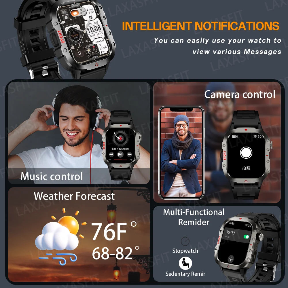LAXASFIT Smart Watch Bluetooth Voice Call Smart Watch with LED Flashlight Health Monitor Outdoor Sports Smart Watch