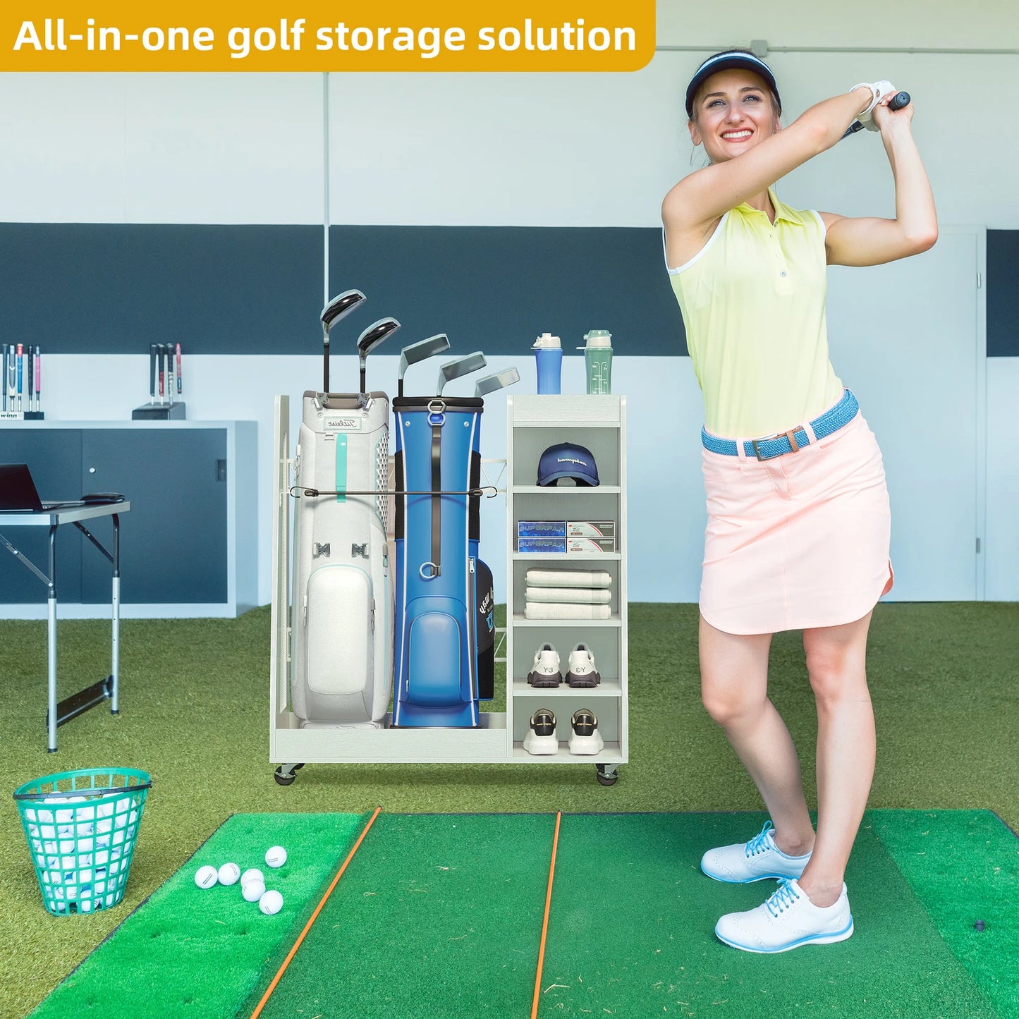 Wooden Golf Bag Storage Rack Holder for Garage Fit for 2 Golf Bags Organizer