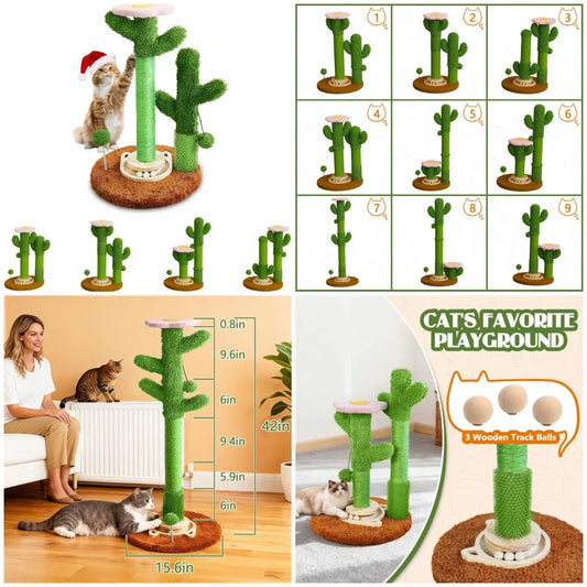 2025 New DIY Cactus Cat Scratching Post with Brush & Ball Toy | Modular Sisal Scratcher for Indoor Cats