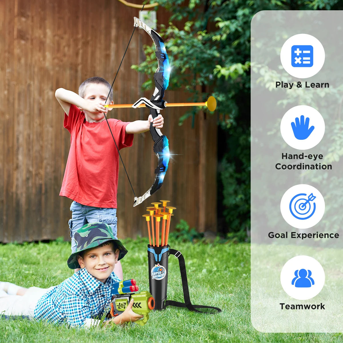 VATOS 2X Bow Arrow + Guns Toy For Kids Night-Light Archery Stand Target Board Indoor Outdoor Game Toys Boys Girls Christmas Gift